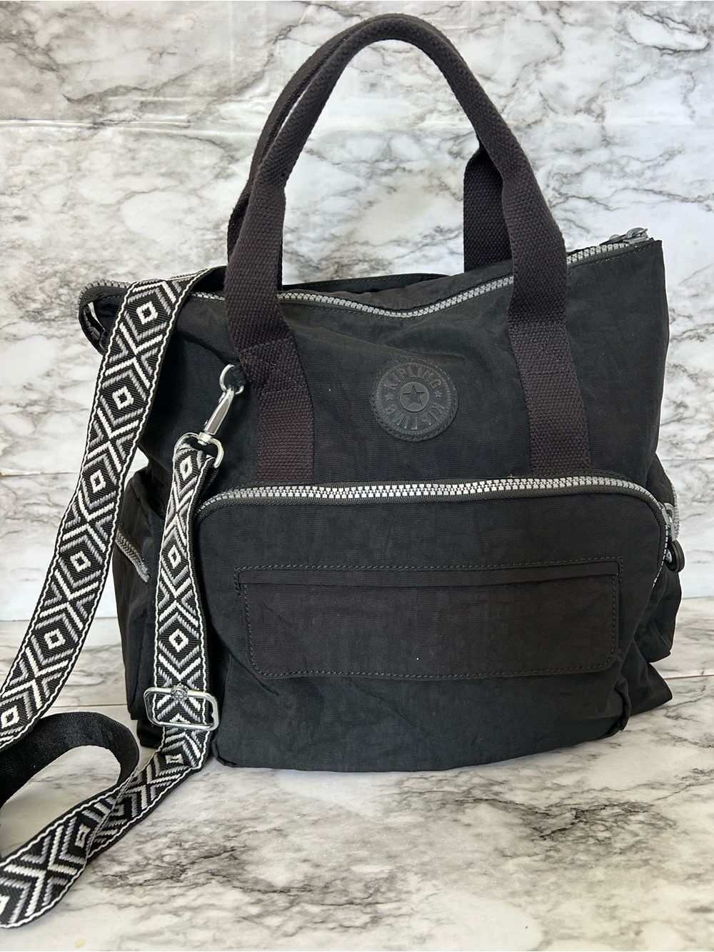Kipling Tote Bag with crossbody strap in geometric Aztec pattern large size